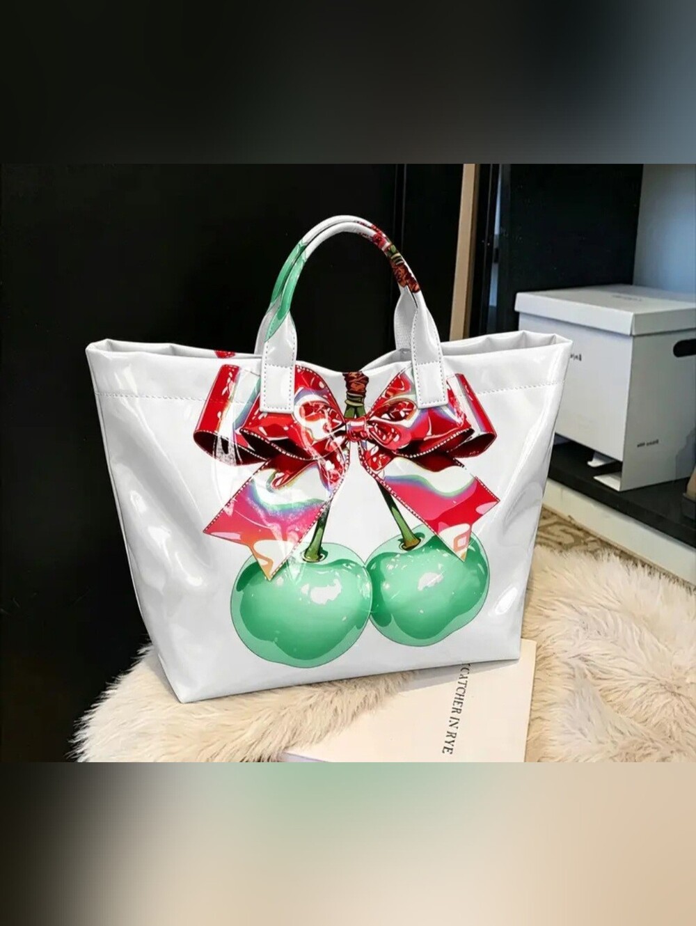 White Tote Bag with Green Cherry Print and Red Bow